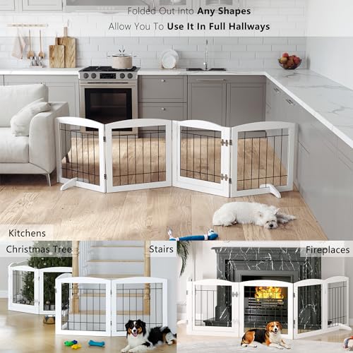 Free Standing Dog Gates for Doorway (Espresso / 【4 Panels】80"W x 24"H)