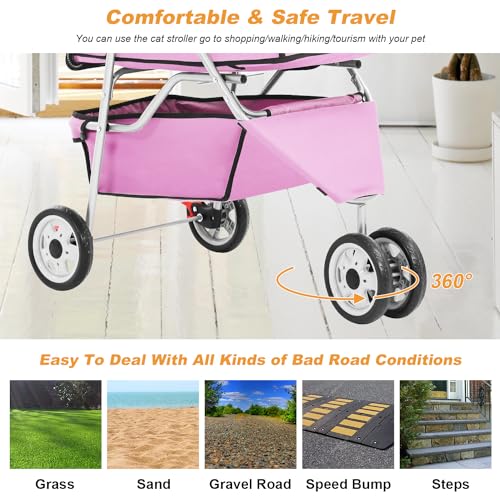 3 Wheels Pet Dog Stroller Cat Cage Jogger Stroller Cats Travel Folding Carrier Waterproof with Cup Holder & Removable Liner (Pink / 3 Wheels)