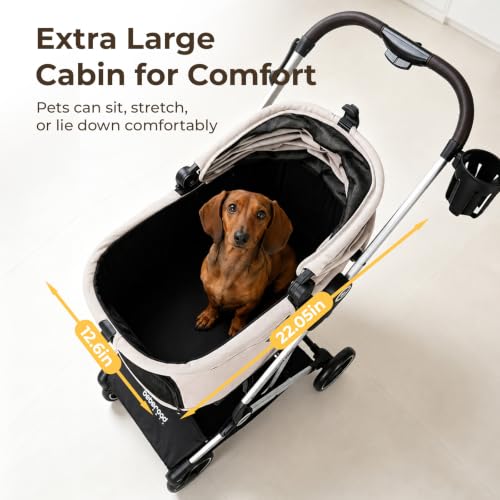 Beberoad T4 Pet Stroller for Small Medium Dogs & 2 Cats Foldable (Beige)