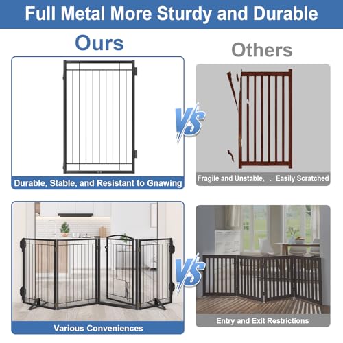 Full Metal Freestanding Dog Gate with Cat Door for Indoor & Outdoor (Black / 【4 Panels with Door】80"W×32"H)