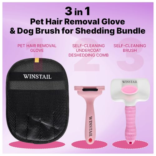 Pet Hair Removal Glove & Dog Brush for Shedding Bundle (PINK)