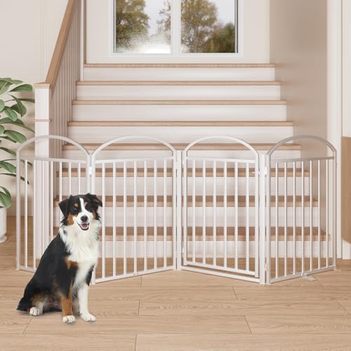 4 Panles Full Matel Freestanding Dog Gates with Door (【4 Panels with Door】96"W*32H" / White)