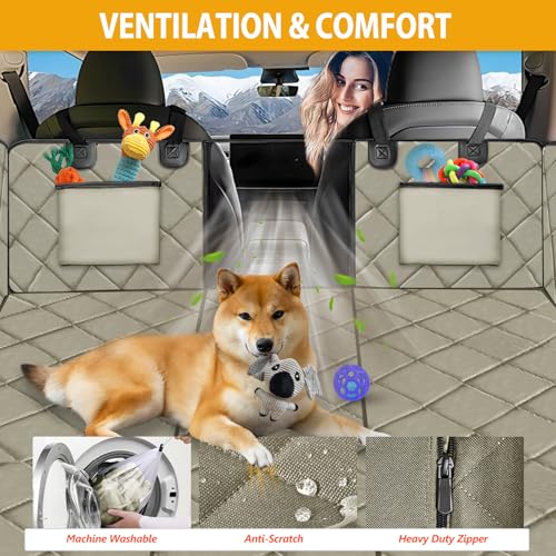 Hard Bottom Dog Car Seat Cover for Back Seat (L - For Cars/ Mid-Size SUV/ Small Truck / Khaki)