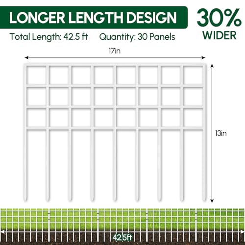 42.5ft(L) x 13in(H) Garden Fence Animal Barrier, 30 Panels No Dig Fence Panels for Dog, Rustproof Metal Dig Defence Fencing Bottom Barrier, Anti Digging Garden Edging Border for Outdoor, Yard, White (42.5ft(L) x 13in(H) / White)