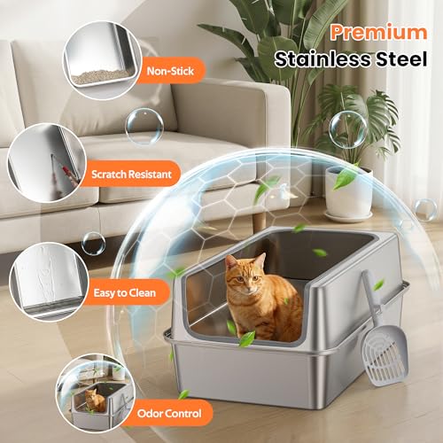 Stainless Steel Litter Box with Metal Lid and Scoop (XL-:22.8"x14.9"x9.8")