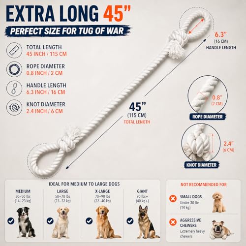 Cotton Dog Rope Toy with Dual Handles 45" Extra Long Tug Toy for Medium to Large Dogs (Interactive Play)