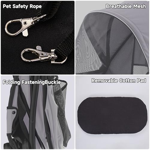 Foldable Jogger Pet Stroller with Weather Cover Storage Basket Pet Travel Carrier for S (Grey)