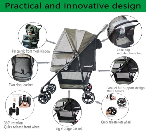4 Wheel Dog Cat Pet Stroller Best Lightweight Foldable Compact Portable Jogger All Terrain Travel Pet Gear Puppy Doggie Bunny Kitty Stroller for up to 30lbs Medium Small Dogs Cats (sage green)