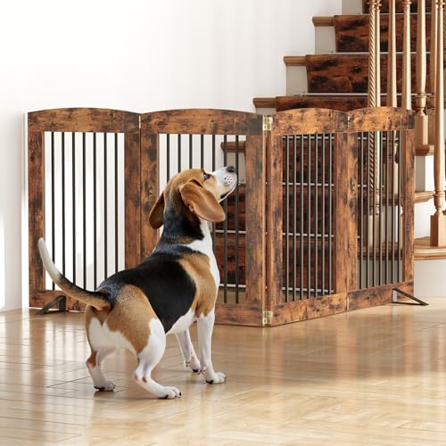 Indoor Dog Gate with Support Feet (Rustic Brown / 【4 Panels】80.3"L x31.5"H)
