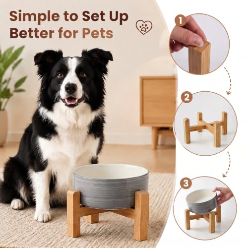 Elevated Ceramic Dog Bowl with Bamboo Stand (White Gray / 7.6Cup)