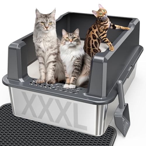 XXL Stainless Steel Litter Box with Lid for Multiple & Big Cats (Dark Gray / XXX-Large)