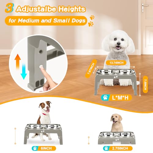 Elevated Dog Bowls for Small Dogs 3 Height Adjustable Raised Dog Bowl Stand with 25oz Stainless Steel Food Bowls Anti (Light Brownish Gray / 6" for Small Dogs)