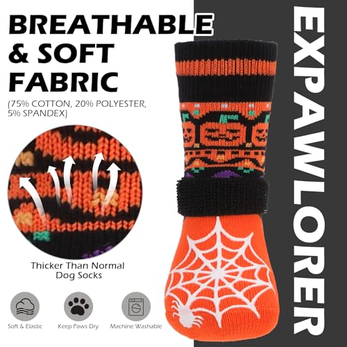 Halloween Anti Slip Dog Socks to Prevent Licking Paws (Medium (4 Count) / Halloween Orange)