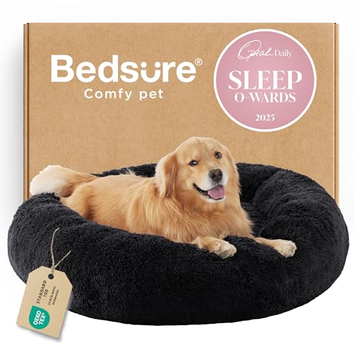 Calming XL Dog Bed Donut Washable Extra Large Pet Bed (45"L x 45"W x 10"Th / Black)
