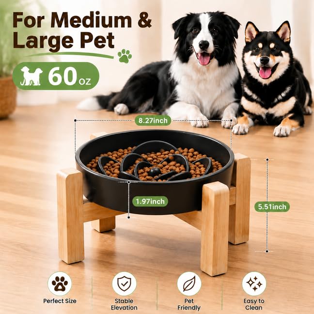 8.66 in Dog Bowl Ceramic Slow Feeder for Medium Large Dogs (Black / 8.66in)
