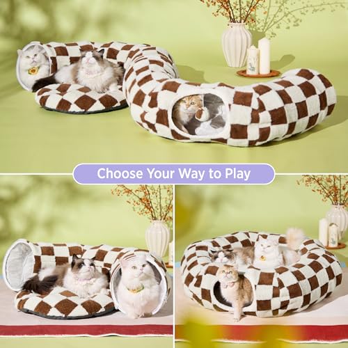Lesure Donut Cute Jacquard Large Cat Tunnel Bed Kitten Toys for Dog Bunny (large (39.5"L x 39.5"W x 10"H) / Brown Checks)