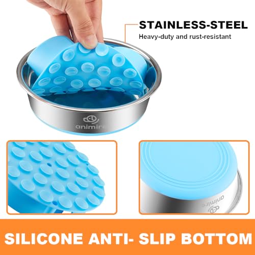 2-in-1 Metal Dog Bowl with Slow Feeder Insert, Stainless Steel Dog Bowls Food Grade 304, Water Food Bowl with Anti-Slip Silicone Base for Small, Medium, Large Dogs (5 Cups / Light blue)