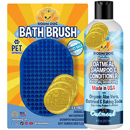 Shampoo Brush & Oatmeal Shampoo and Conditioner Bundle (1 Pack + 8 Ounce Shampoo / Blue + Shampoo)