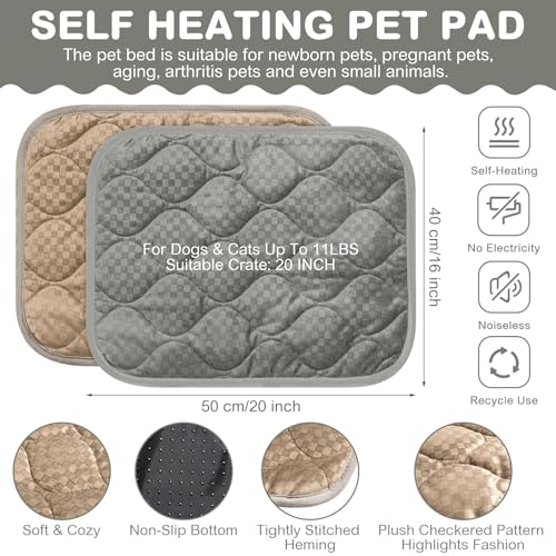 4 Pack Self Warming Cat Mat Self Heating Cat Pad Warm Thermal Pet Bed Washable Dog Crate Pad Body Heat Dog Bed Mat Blanket Non Slip Bottom for Outdoor Indoor Pets (16 x 20 Inch / Grey,Camel)