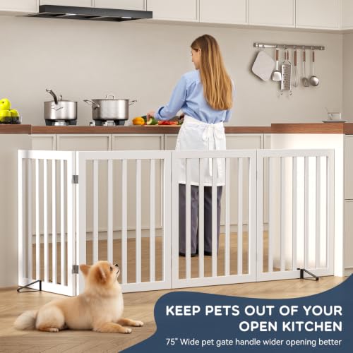 Freestanding Dog Gate Indoor (White / 75”Wx24”H, 4 Panles)
