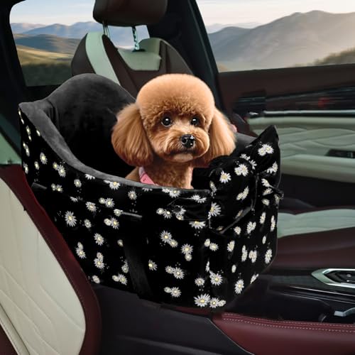 Center Console Dog Car Seat for Small Dogs Up to 11 Lbs (Black daisy)