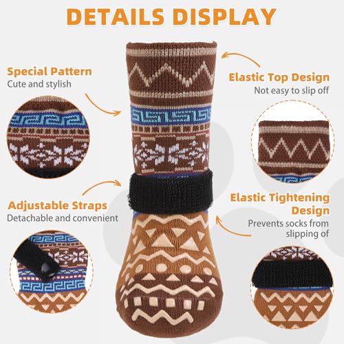 Dog Socks to Prevent Licking Paws for Hardwood Floors Anti Slip (Brown Ornamentation / Medium (4 Pack))