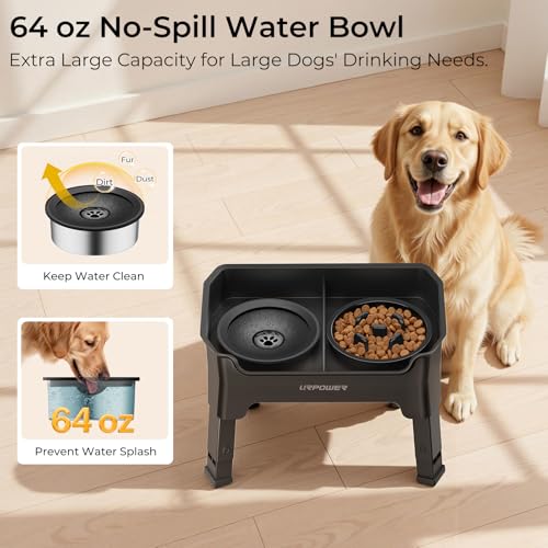 Mess Proof Elevated Dog Bowls 4 Height Adjustable Raised Stand (Black / Large)