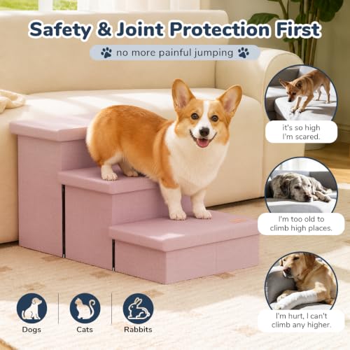 3 Step Wide Dog Stairs with Hidden Storage 18" H (Pink / 30"D x 17"W x 17.7"H)
