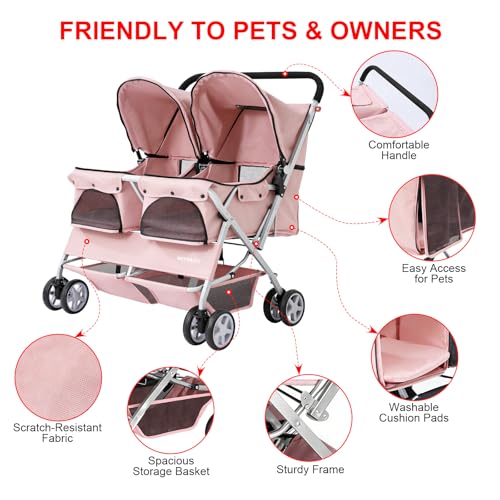 Double Pet Stroller for 2 Small Dogs & Cats (Pink)