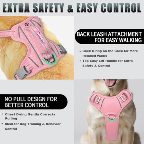 Dog Harness for Large Dogs No Pull Dog Vest ID Tag Pocket (Baby Pink / Large)