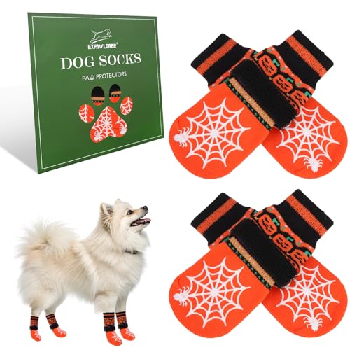 Halloween Anti Slip Dog Socks to Prevent Licking Paws (Small (4 Count) / Halloween Orange)