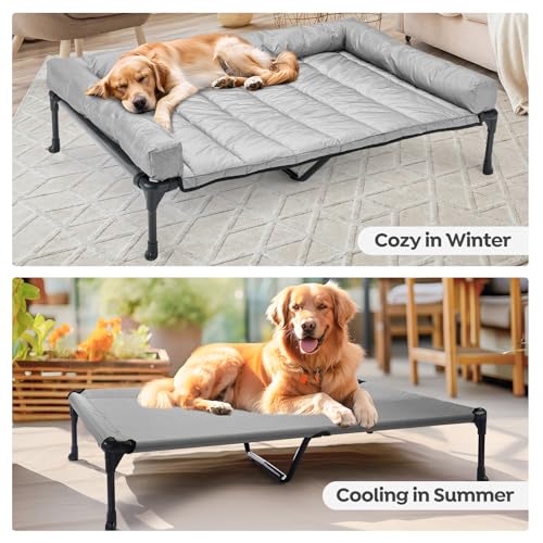 Outdoor Elevated Dog Bed with Waterproof Bolster Cushion (Light Grey / 32.0"L x 25.0"W x 7.0"Th)