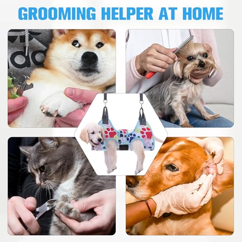 Dog Grooming Hammock Harness for Dogs & Cats with Pet Nail Clipper Trimmer (M / Blue)