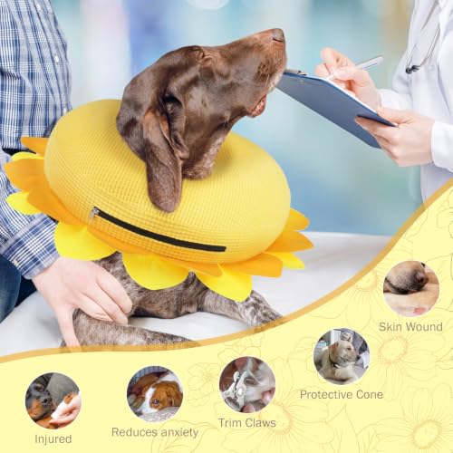 Inflatable Dog Cone Collar Alternative After Surgery (Yellow Sunflower / L(Neck 16"-18"))