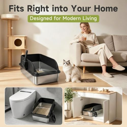 Stainless Steel Litter Box with High Sides (Black XL)
