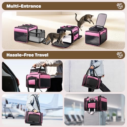 Top and 2 Sides Expandable Cat Carrier 18x11x11 TSA Airline Approved (Pink / 18.0"L x 11.0"W x 11.0"H)