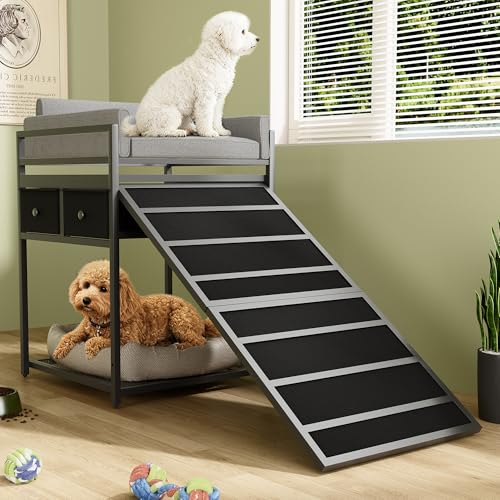 Dog Window Perch & Retractable Stairs and Storage Drawers (Black&Grey)