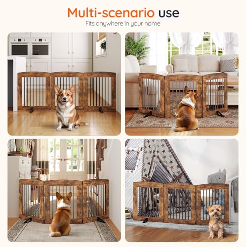 Indoor Dog Gate with Support Feet (Rustic Brown / 【3 Panels】61.4"L x 24"H)