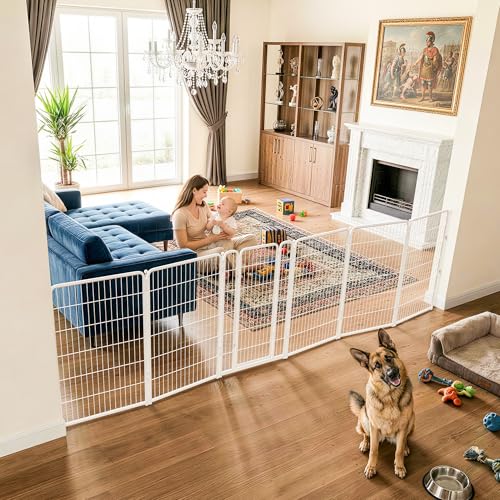 Dog Gate Extra Wide Adjustable for Openings Up to 165" (White / Up to 165" W【5 Panels + 1 Door】 / 45"H)