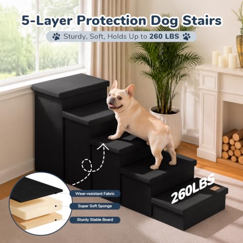 5 Step Wide Dog Stairs with Storage 23" H (Black / 50"D x 17"W x 23"H)