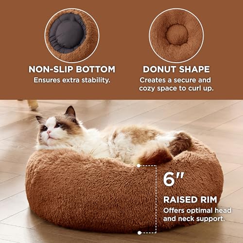 Calming Cat Beds Donut Round Washable Kitten Bed (20"L x 20"W x 6"Th / Copper)