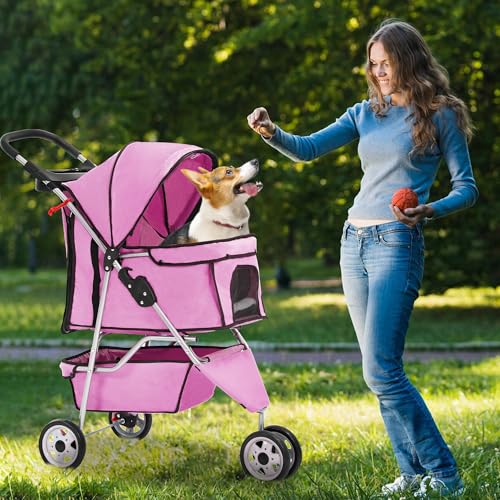 3 Wheel Foldable Pet Stroller (Peach Pink / 3 Wheels)