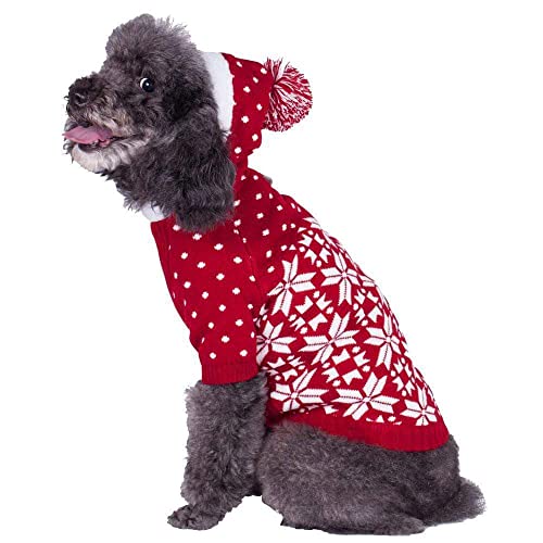 Let It Snow Classic Ugly Christmas Holiday Snowflake Pullover Hoodie Dog Sweater in Red and White (20 inch (Pack of 1) / Red Hoodie)