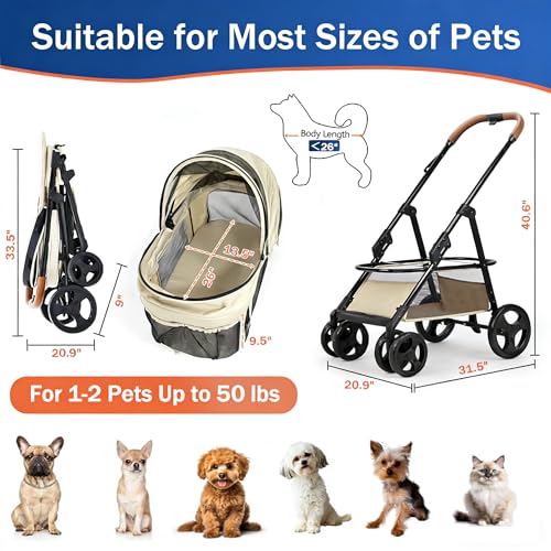 4 Wheels Pet Stroller for Small (Khaki)