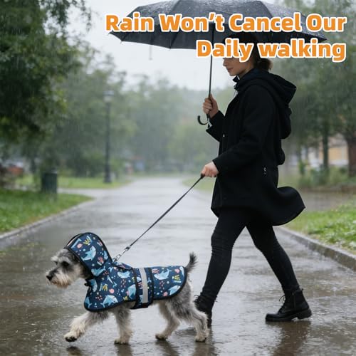 Dog Raincoat Hooded Slicker Poncho with Leash Hole (S:10-15lbs / Blue Shark)