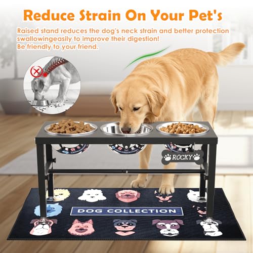 3-in-1 Elevated Dog Feeder with 3 Stainless Steel Bowls, Heavy Iron Stand, Custom Name Plate, Non-Slip Mat - Easy Clean for Multiple Dogs (Black-L, 3 Bowls / Height:9-12.2inch)