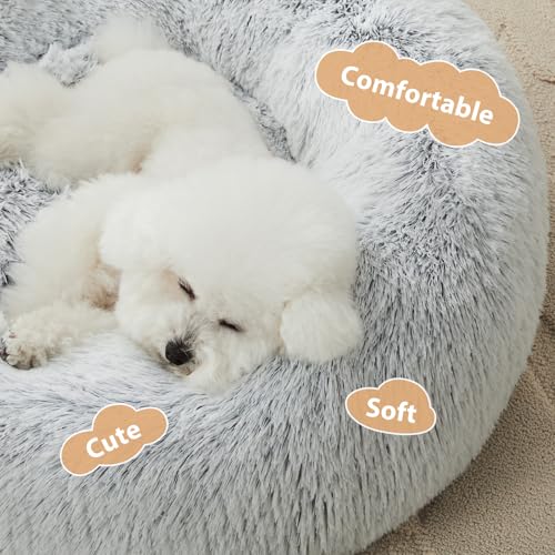 Medium Round Calming Dog Bed Cat Bed for Comfy Sleep (27"L x 27"W x 10"Th / light grey)