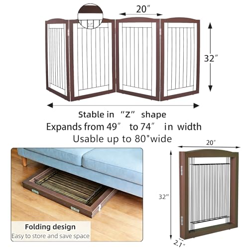 Freestanding Foldable Dog Gate for House Extra Wide Wooden Brown Puppy Gate Stairs Dog Gates Doorways Tall Pet Gate 32 "Height 4 Panels Pet Fence (Brown / 【4 Panels】80''w x 32''h)