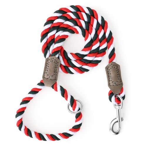 Rainbow Dog Leash Braided Cotton Rope w Leather (Red/Green / 60 Inch-1/2")