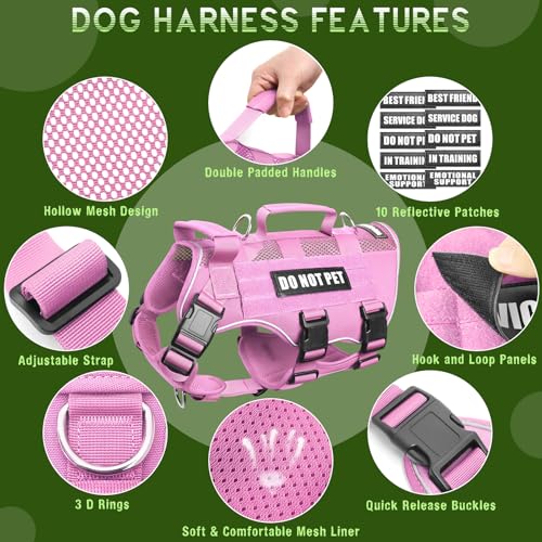 Tactical Molle Vest Mesh Dog Harness with 10 Removale Pet Patches (Medium / Pink)